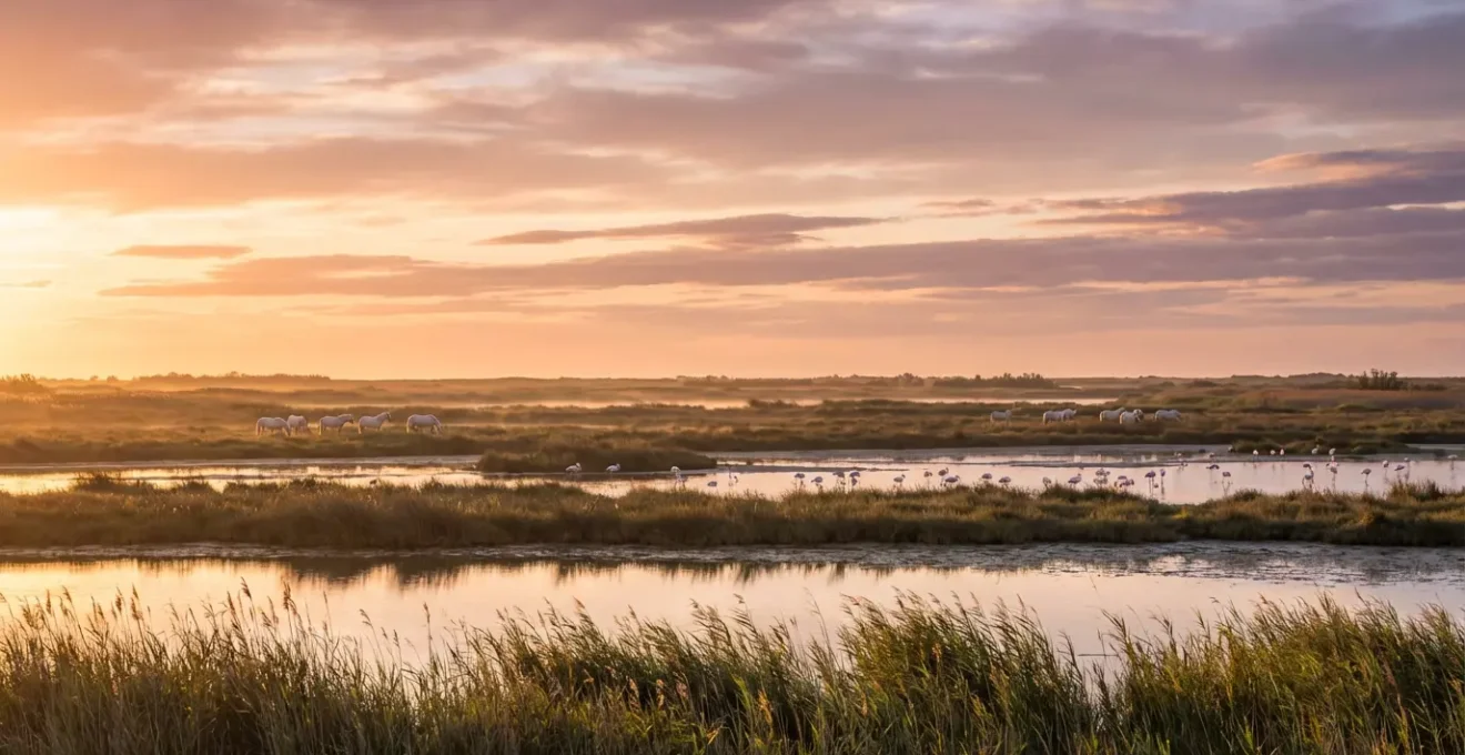 Paysage sauvage de Camargue avec marais et chevaux blancs au loin sous une lumière dorée
