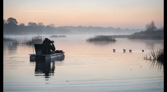 Photographe immergé dans l'eau jusqu'à la taille utilisant un affût flottant, observant silencieusement des oiseaux au loin dans une zone humide au lever du soleil