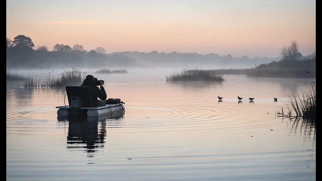 Photographe immergé dans l'eau jusqu'à la taille utilisant un affût flottant, observant silencieusement des oiseaux au loin dans une zone humide au lever du soleil