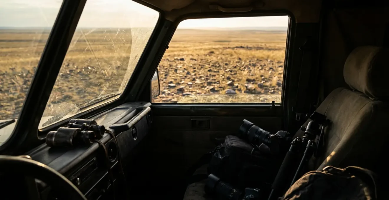 Véhicule servant d'affût photographique stationné discrètement dans la steppe de Crau
