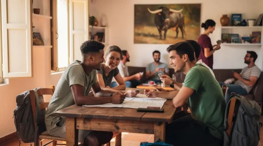 Voyageurs dans l'espace commun convivial d'une auberge camarguaise