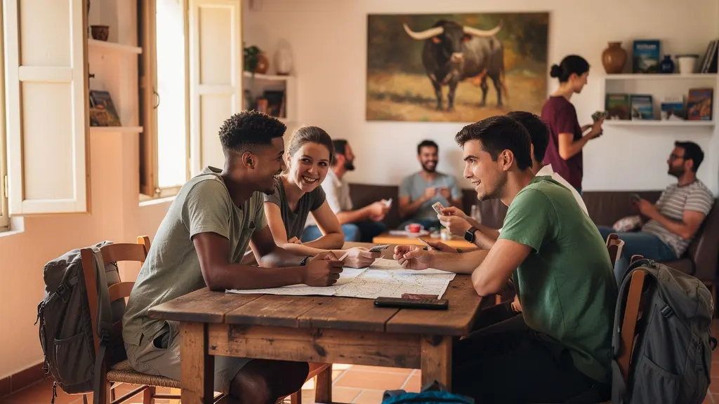 Voyageurs dans l'espace commun convivial d'une auberge camarguaise