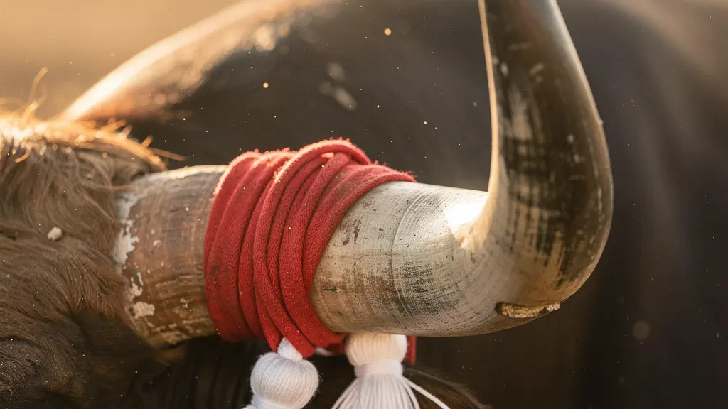 Gros plan macro sur les cornes d'un taureau de Camargue avec cocarde rouge et attributs