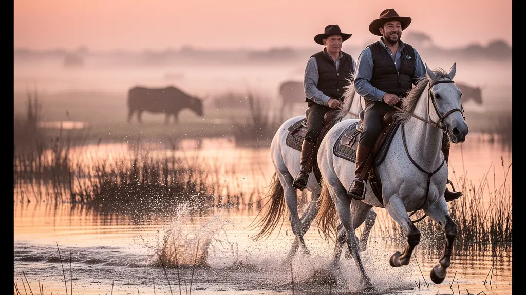 Cavaliers au galop dans les marais camarguais au lever du soleil avec chevaux blancs