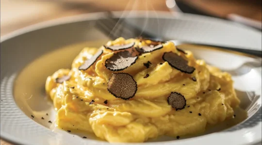 Brouillade crémeuse aux lamelles de truffe noire présentée avec élégance