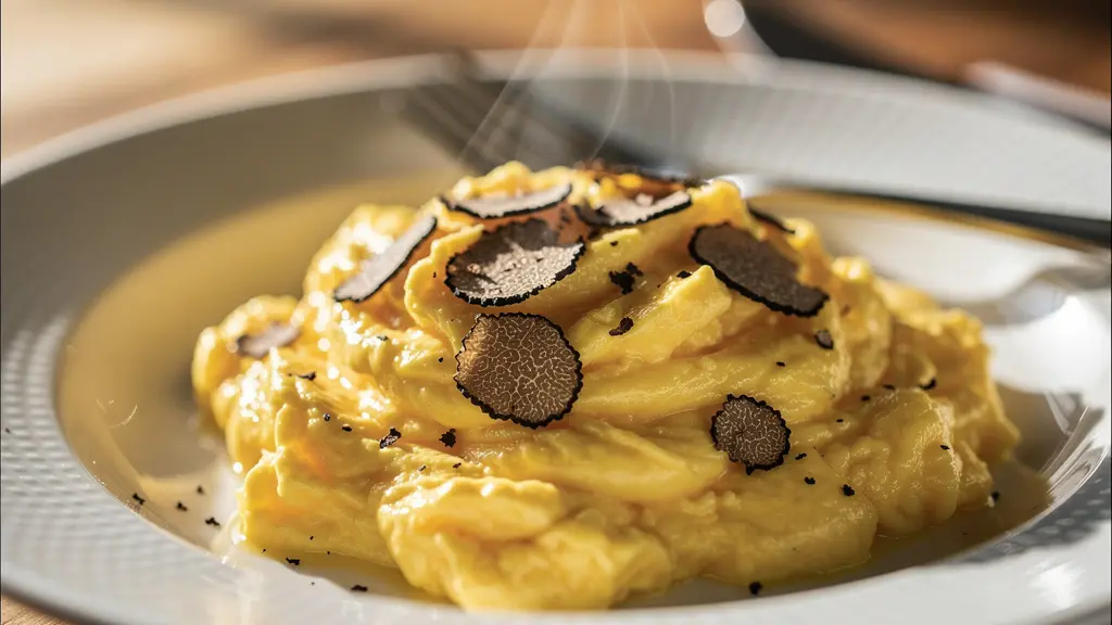 Brouillade crémeuse aux lamelles de truffe noire présentée avec élégance