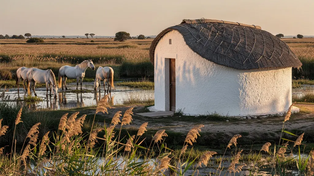 Cabane de gardian traditionnelle en Camargue avec son toit de roseaux et son abside arrondie caractéristique
