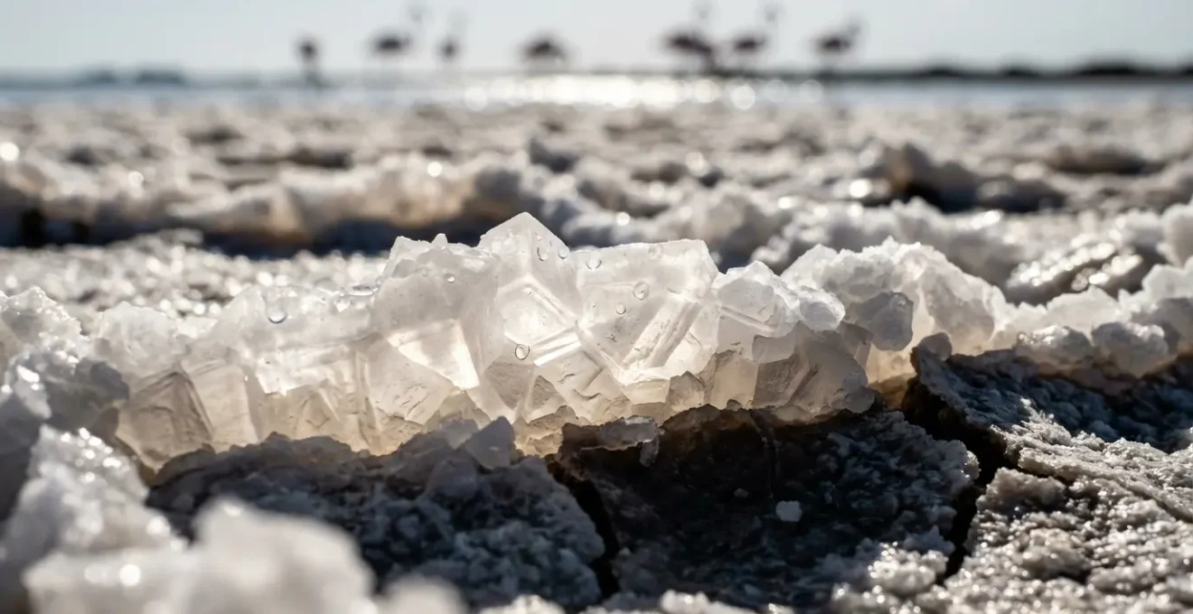 Marais salants de Camargue sous le soleil de midi avec réverbération intense