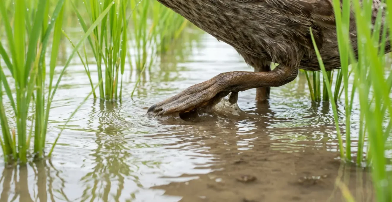 Canards mulards travaillant dans une rizière bio inondée de Camargue
