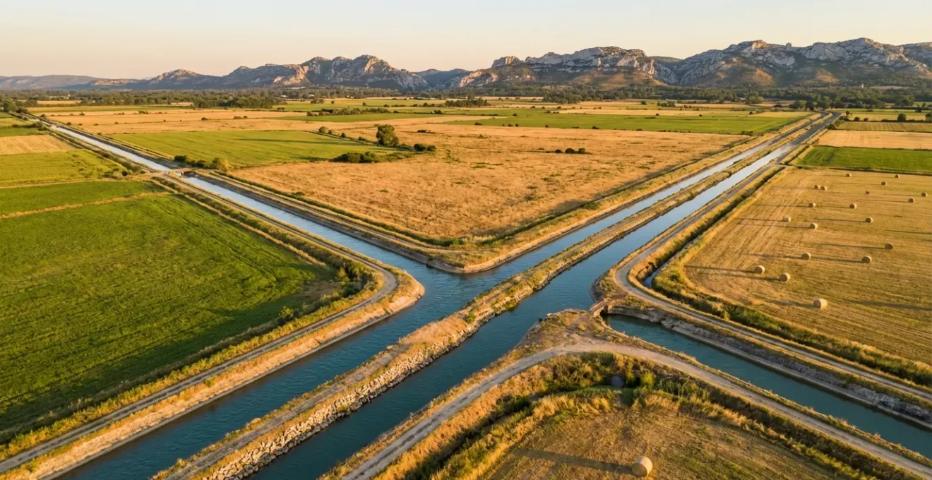 Vue aérienne des canaux d'irrigation traversant les prairies verdoyantes de la plaine de la Crau avec les Alpilles en arrière-plan