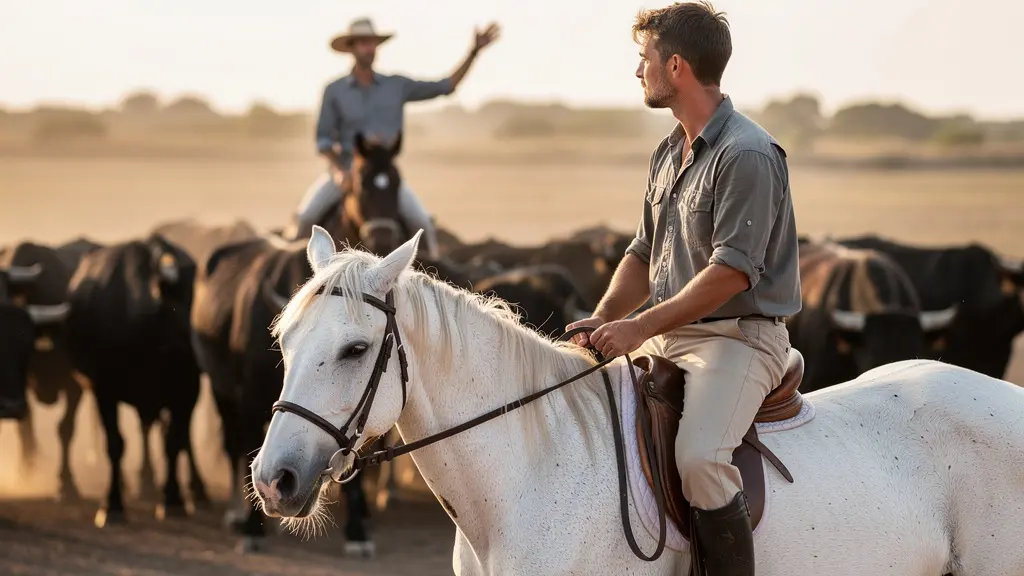 Cavalier débutant agissant comme barrière mobile lors d'un tri de taureaux en Camargue