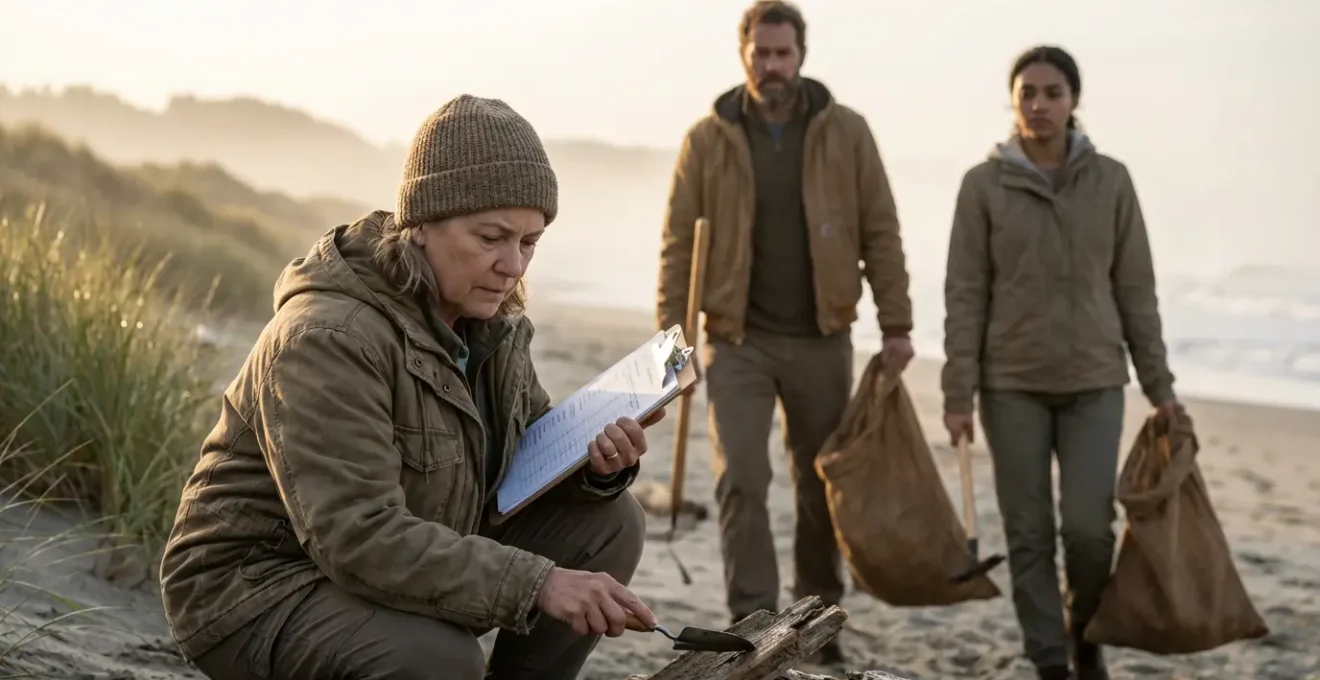 Bénévoles participant à un chantier de nettoyage sur une plage de réserve au lever du soleil