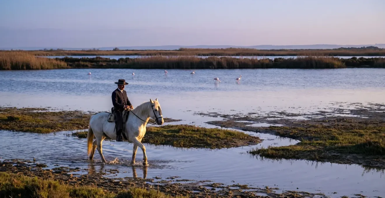 Cavalier débutant sur un cheval Camargue blanc traversant paisiblement les marais de Camargue au coucher du soleil