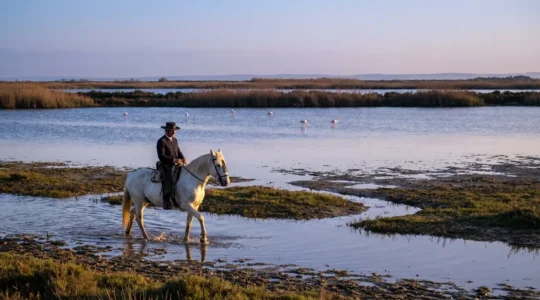 Cavalier débutant sur un cheval Camargue blanc traversant paisiblement les marais de Camargue au coucher du soleil