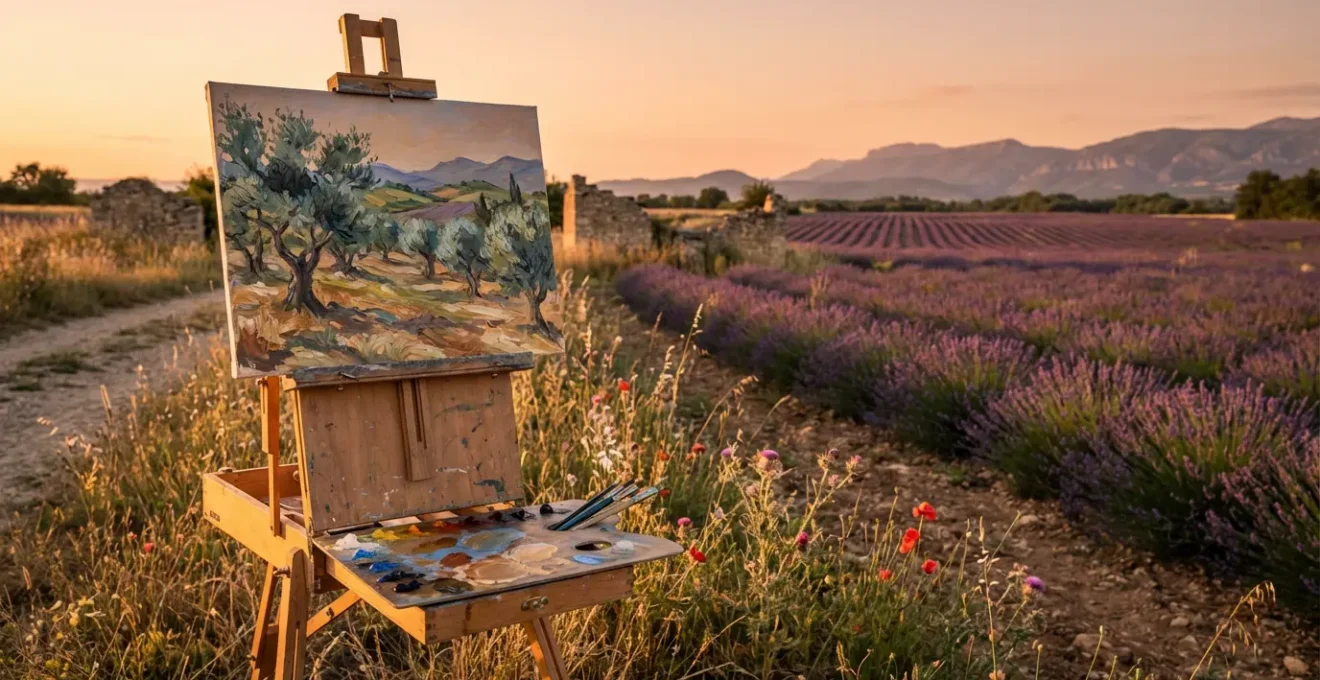 Chevalet de peintre installé face à un paysage provençal au soleil couchant avec palette de couleurs et pinceaux