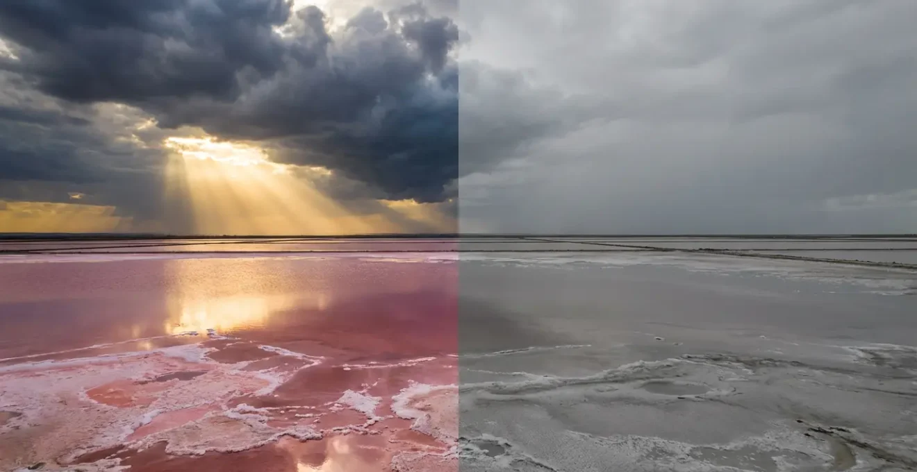 Contraste saisissant entre des bassins de marais salants rose vif par temps ensoleillé et gris terne par temps nuageux.