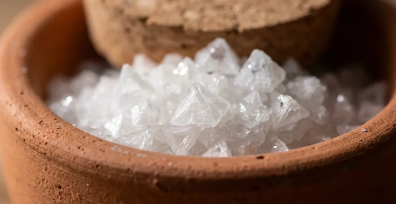 Pot en terre cuite contenant de la fleur de sel avec cristaux visibles en macro