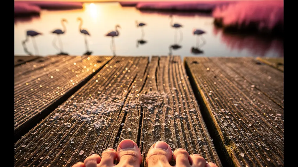 Personne seule assise sur un ponton face aux étangs roses de Camargue au crépuscule