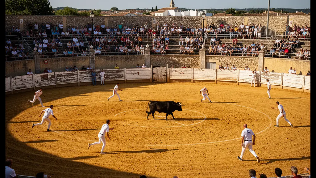 Raseteurs en blanc dans une arène provençale face à un taureau de Camargue, ambiance sportive et festive
