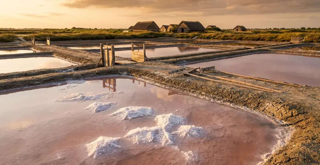 Cristaux de fleur de sel flottant délicatement à la surface d'un marais salant au coucher du soleil