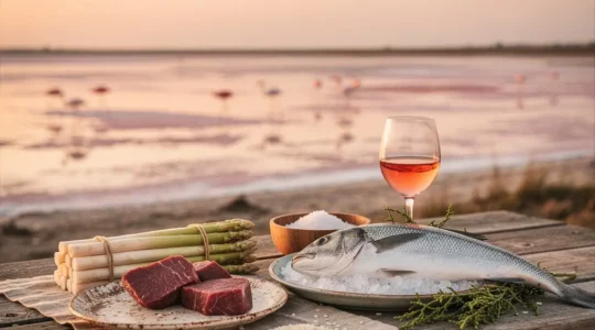 Composition culinaire mettant en avant les produits emblématiques de la cuisine camarguaise avec des asperges des sables, du taureau, et du sel de Camargue