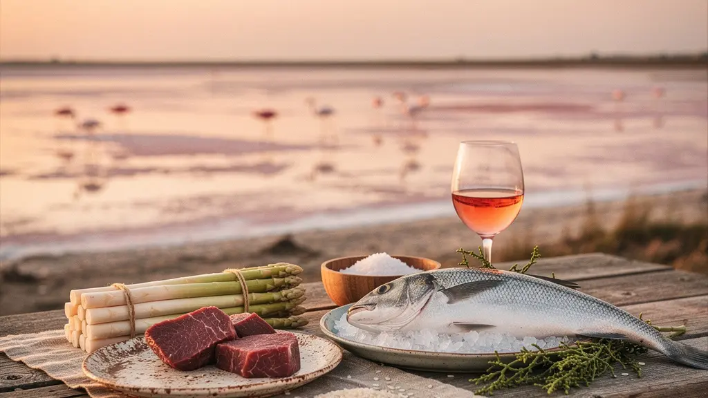 Composition culinaire mettant en avant les produits emblématiques de la cuisine camarguaise avec des asperges des sables, du taureau, et du sel de Camargue