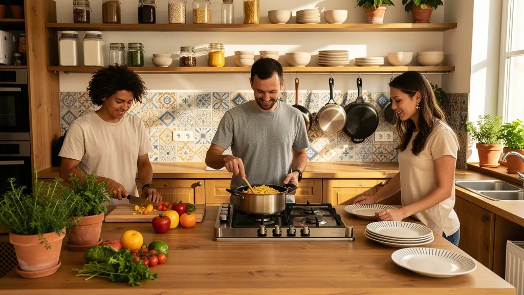 Voyageurs préparant ensemble un repas dans la cuisine d'une auberge