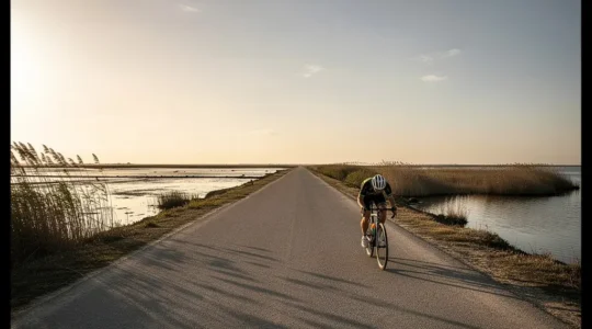 Cycliste luttant contre le vent sur la Via Rhôna en Camargue avec vélo de voyage