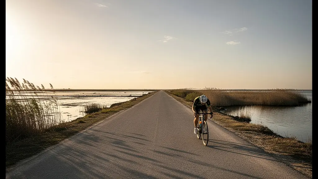 Cycliste luttant contre le vent sur la Via Rhôna en Camargue avec vélo de voyage