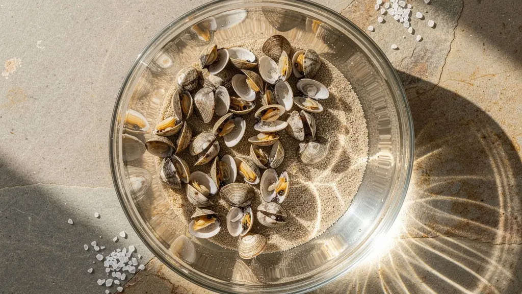 Tellines immergées dans un récipient d'eau salée avec des bulles et du sable visible au fond