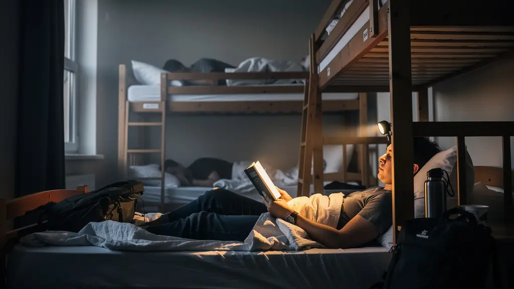 Dortoir d'auberge de jeunesse avec lits superposés dans la pénombre apaisante