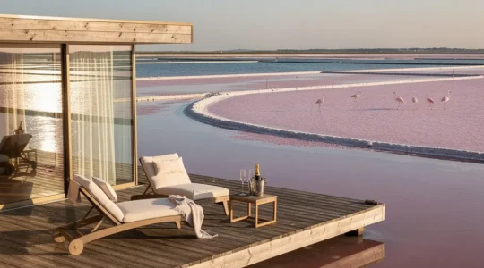 Vue aérienne d'un couple marchant main dans la main sur un ponton en bois au-dessus d'étangs roses de Camargue au coucher du soleil