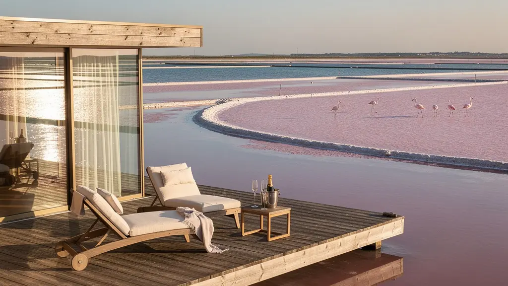 Vue aérienne d'un couple marchant main dans la main sur un ponton en bois au-dessus d'étangs roses de Camargue au coucher du soleil