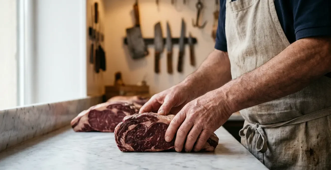 Étal de boucher traditionnel présentant des pièces de viande de taureau rouge sombre
