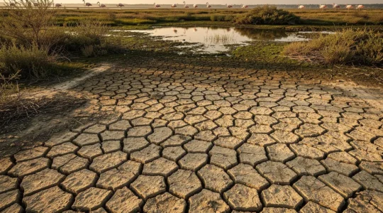 Vue aérienne d'un étang asséché en Camargue montrant le sol argileux craquelé et les formations géométriques naturelles