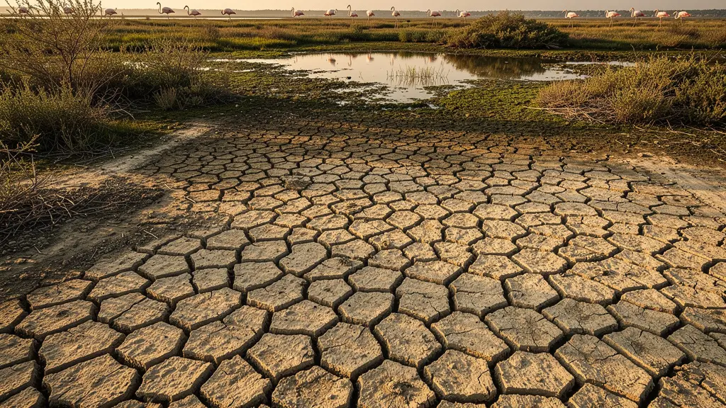 Vue aérienne d'un étang asséché en Camargue montrant le sol argileux craquelé et les formations géométriques naturelles