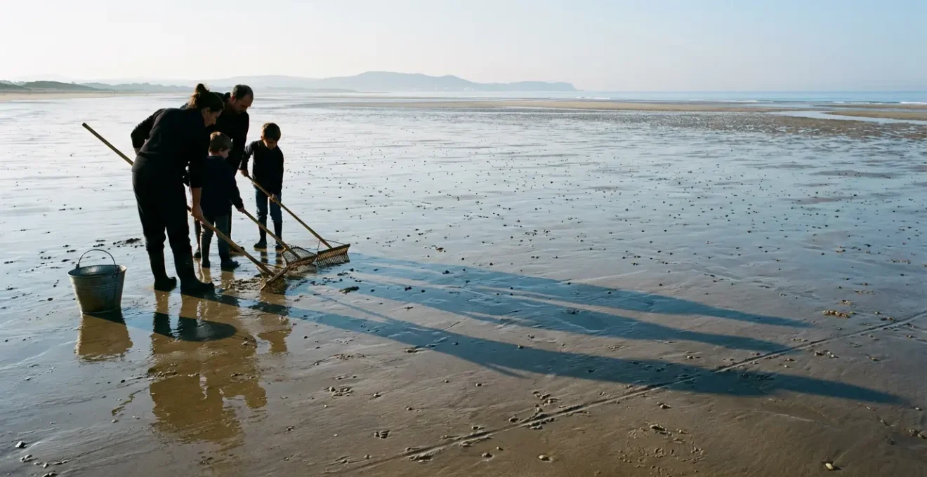 Famille pêchant des tellines sur une plage méditerranéenne avec tellinier traditionnel