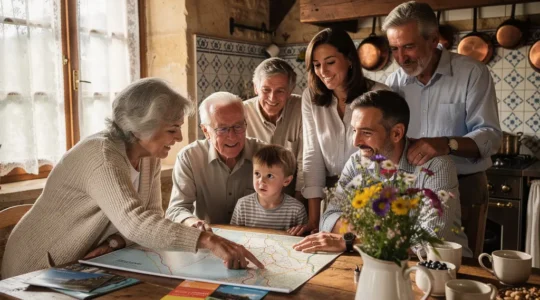 Famille réunie autour d'une table en bois dans une cuisine de gîte authentique planifiant leurs vacances
