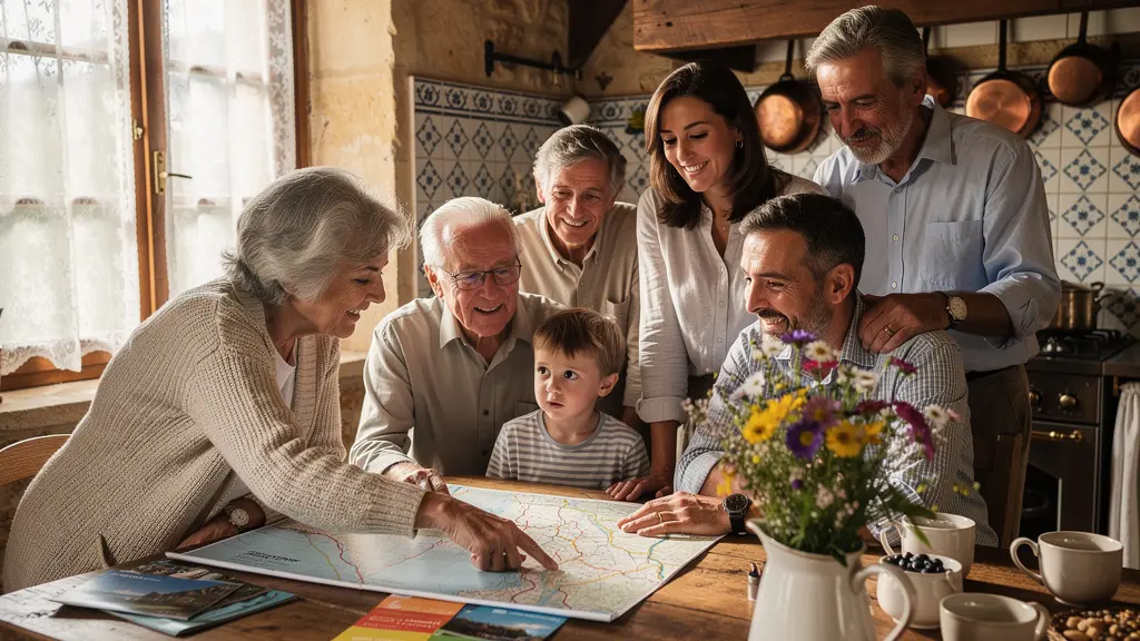 Famille réunie autour d'une table en bois dans une cuisine de gîte authentique planifiant leurs vacances