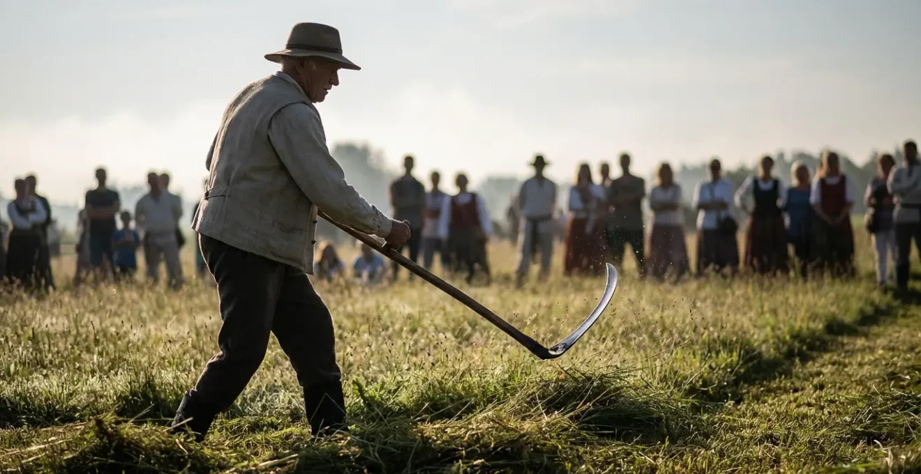 Démonstration de fauchage traditionnel à la faux lors d'une fête agricole