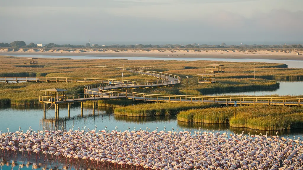 Vue aérienne montrant les étangs et sentiers du Parc de Pont de Gau avec des flamants roses au premier plan