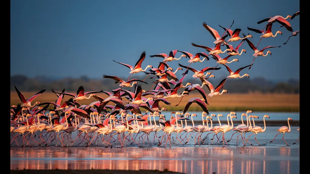Envol massif de flamants roses au-dessus d'un étang partiellement asséché en Camargue