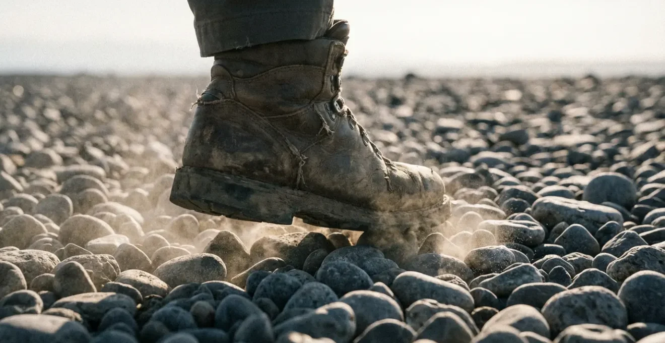Chaussure de randonnée posée sur les galets instables du coussoul