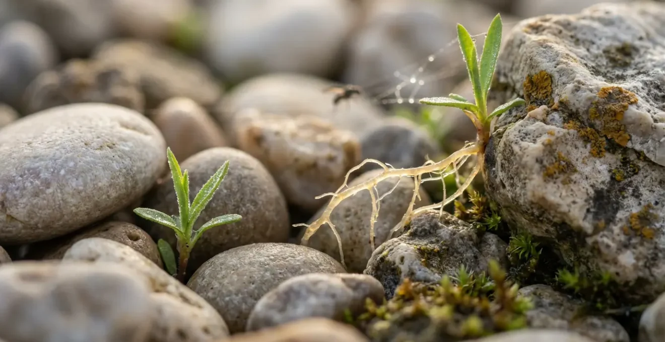 Détail macro des galets de la Crau montrant la vie végétale entre les pierres