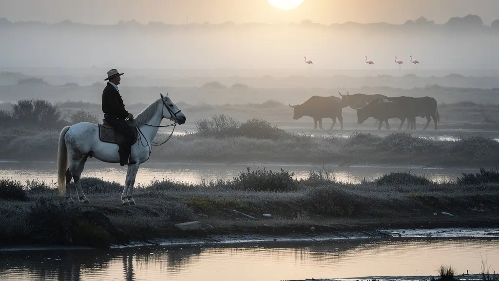 Gardian sur son cheval Camargue guidant un taureau noir dans les marais camarguais