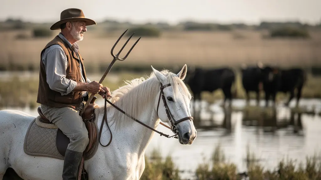 Gardian à cheval guidant un troupeau de taureaux dans les marais camarguais