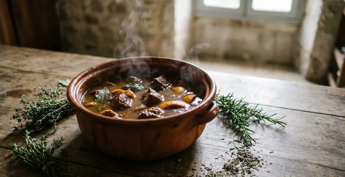 Cocotte en terre cuite contenant une gardiane de taureau mijotée avec sa sauce brune épaisse