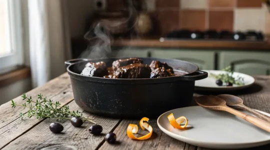 Cocotte en fonte contenant une gardianne de taureau mijotée avec morceaux de viande fondants et sauce brune riche