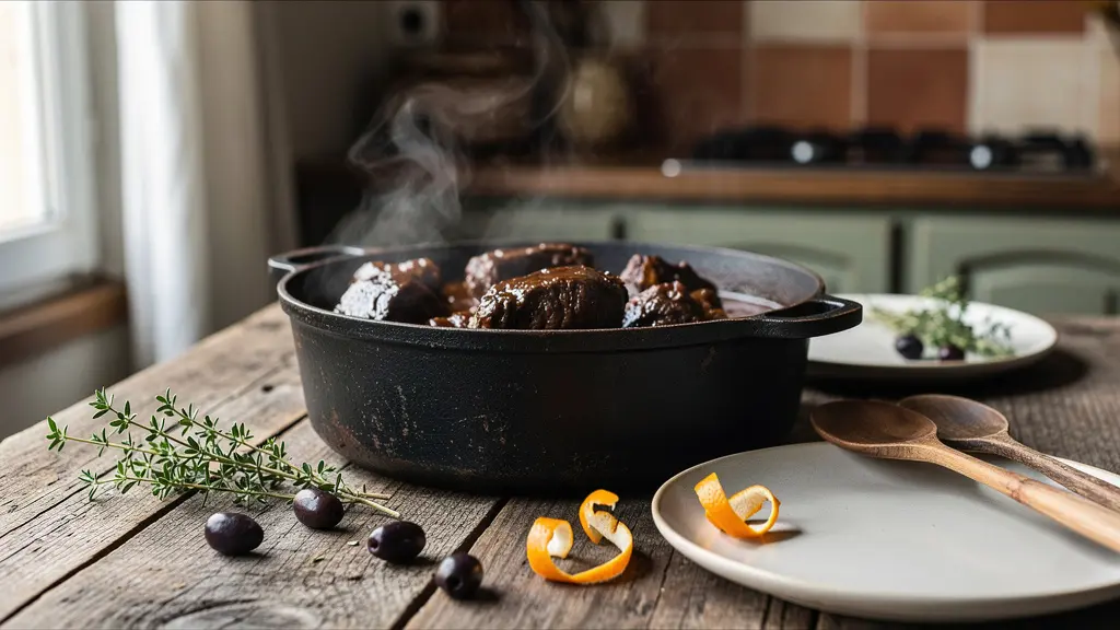 Cocotte en fonte contenant une gardianne de taureau mijotée avec morceaux de viande fondants et sauce brune riche
