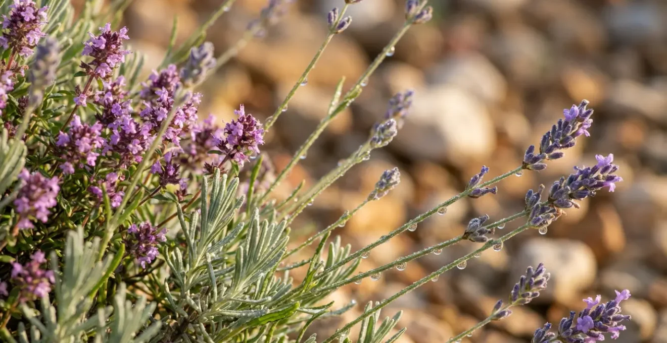 Gros plan sur les herbes aromatiques sauvages de la Crau avec thym et romarin en fleur